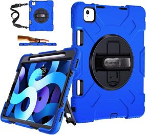 img 4 attached to 🔵 Blue iPad Air 4 Case with Pencil Holder - Military Grade Drop Tested Shockproof Cover 15ft Protection + Stand + Hand & Shoulder Strap - Compatible with iPad 10.9 & Pro 11 Inch 2020/2018