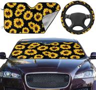🌞 upgrade hardened sunflower 2pcs car front sunshade windshield and steering wheel cover set - easy to install, universally fits auto truck van suv - protects car interior logo