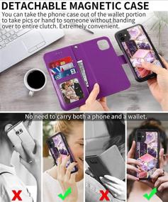 img 3 attached to 📱 CASEOWL iPhone 11 Wallet Case - Magnetic Detachable 2-in-1 Case [Supports Magnetic Car Mount] - Marble Pattern PU Leather Lanyard Wallet with Card Holder - Wrist Strap for Women Girls - Purple