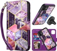 📱 caseowl iphone 11 wallet case - magnetic detachable 2-in-1 case [supports magnetic car mount] - marble pattern pu leather lanyard wallet with card holder - wrist strap for women girls - purple logo