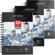arteza эксперт блок для акварели - 3 пачки, акварельный скетчбук 5.5x8.5 дюймов, по 30 листов каждый - обложка на спирали, 140 фунтов/300 г/м2 холодный прессованный кислотостойкий бумага для живописи на сухом и смешанном медиа логотип