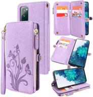 lacass [cards theft scan protection] 10 card slots holder zipper pocket wallet case flip leather cover with wrist strap magnetic closure stand for samsung galaxy s20 fe 5g(purple) logo