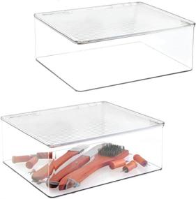 img 4 attached to mDesign Plastic Stackable Kitchen Pantry Cabinet/Refrigerator Food Storage Container Box with Lid - 2 Pack Clear: Ideal Organizer for Packets, Snacks, Fruits, Produce, Pasta