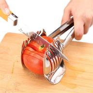 top-rated tomato slicer lemon cutter: multipurpose handheld round fruit tongs - stainless steel onion holder for effortless slicing of kiwi, fruits & vegetables - essential kitchen cutting aid gadgets tool logo