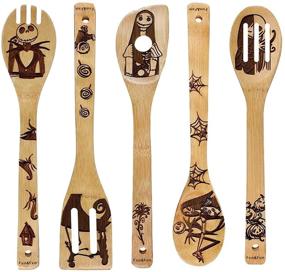 img 4 attached to Exquisite Nightmare Kitchen Utensils: Unique Pattern Burned Wooden 🔥 Spoons, Ideal Housewarming Presents with Slotted Spoon; Complete Bamboo Utensil Set