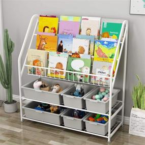 img 1 attached to 📚 White Kids Book Rack: Floor Standing 3 Sling Bookshelf with Toy Organizer - Home & Office Display Storage