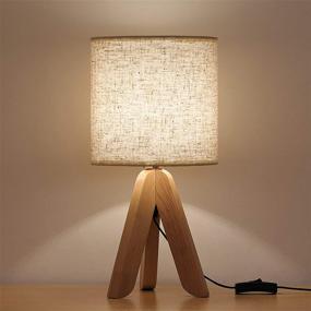 img 4 attached to 🏞️ HAITRAL Wooden Tripod Bedside Table Lamp with Fabric Linen Shade - 13.4 Inches (No Bulb Included): Ideal for Bedroom, Living Room, Office, Home