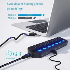 img 2 attached to 🔌 High-Speed USB 3.0 Splitter with 7 Ports, On/Off Switches and LED Lights - Ideal for Laptops, PCs, Computers, Mobile HDDs, Flash Drives, and More