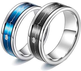 img 4 attached to 💍 Rotatable ECG HeartBeat Titanium Steel Wedding Rings Set - Black Blue Comfort Fit Matching Couple Bands for His and Her Promise. Ideal Gifts for a Special Occasion.