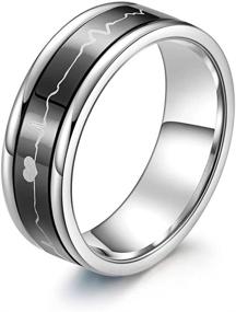 img 3 attached to 💍 Rotatable ECG HeartBeat Titanium Steel Wedding Rings Set - Black Blue Comfort Fit Matching Couple Bands for His and Her Promise. Ideal Gifts for a Special Occasion.