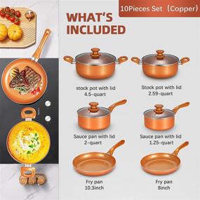 img 1 attached to Premium 10-Piece Nonstick Cookware Set: Ceramic Coating Saucepan, Stock Pot, Frying Pan - Copper Finish