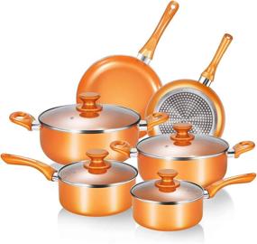 img 4 attached to Premium 10-Piece Nonstick Cookware Set: Ceramic Coating Saucepan, Stock Pot, Frying Pan - Copper Finish