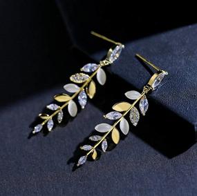 img 1 attached to Dazzling 14K Gold Plated Olive Branch 🌿 Leaf Earrings with Cubic Zirconia & Cat Eye Embellishments