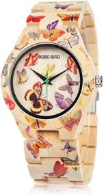 img 4 attached to 🦋 Stunning Handmade Butterfly Engraved Bamboo Watch for Women - BOBO BIRD Wooden Casual Timepiece