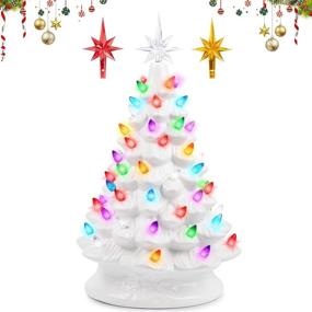 img 4 attached to 🎄 HomLux 15” Ceramic Christmas Tree: Hand-Painted Tabletop Decoration with LED Lights, 64 Multicolored Lights, and 3 Top Stars for Indoor Home Office (White)