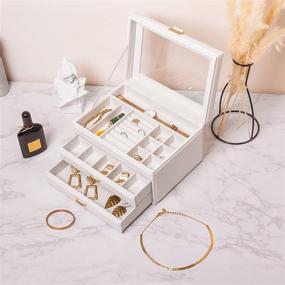 img 2 attached to 💎 Vlando Large-Capacity Jewelry Storage Box with Mirror - White, Clear Lid for Girl/Woman Earrings, Necklaces, and Bracelets