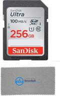 📷 sandisk sd ultra memory card for canon eos m200, m100, m50, m5, m6 mirrorless camera (sdsdunr-gn6in) - class 10 256gb bundle with everything but stromboli micro fiber cloth logo