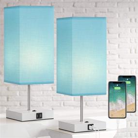 img 4 attached to 🛏️ Set of 2 Bedside Table Lamps with Dual USB Charging Port, Blue Lampshade - Perfect for Bedroom, Living Room, Study