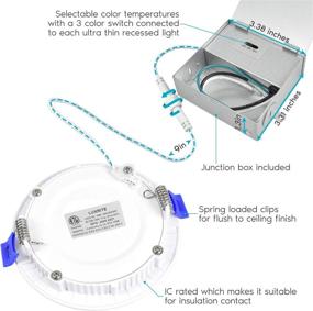 img 2 attached to 💡 Luxrite 4 Inch Ultra Thin LED Recessed Lights (12 Pack) - Dimmable Wafer Lights with Junction Box, 10W, CCT Color Temperature Selectable 3000K/4000K/5000K, 700 Lumens, Damp Rated, ETL & IC Rated