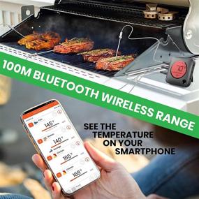 img 1 attached to Термометр NutriChef Bluetooth для барбекю с чехлом для переноски на молнии - улучшенный нержавеющий зонд и ЖК-дисплей для беспроводного мониторинга температуры на газовых и угольных барбекю и дымовых шкафах - совместим с Android и iPhone - PWIRBBQ299