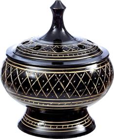 img 3 attached to 🎨 Artistically Carved Brass Burner with Stunning Solid Black Finish - 3.5 Inches Tall, Including Wood Coaster
