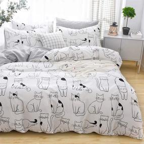 img 4 attached to 🐱 100% Cotton Twin Cats Duvet Cover Set by LAYENJOY - Reversible Black Plaid with Cartoon Cats Print on White - Cute Animal Bedding for Teens, Boys, Girls - No Comforter Included