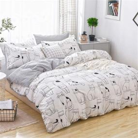 img 3 attached to 🐱 100% Cotton Twin Cats Duvet Cover Set by LAYENJOY - Reversible Black Plaid with Cartoon Cats Print on White - Cute Animal Bedding for Teens, Boys, Girls - No Comforter Included