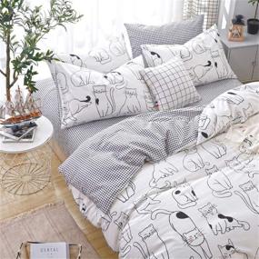 img 2 attached to 🐱 100% Cotton Twin Cats Duvet Cover Set by LAYENJOY - Reversible Black Plaid with Cartoon Cats Print on White - Cute Animal Bedding for Teens, Boys, Girls - No Comforter Included