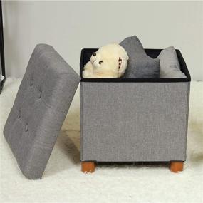 img 2 attached to 🪑 Versatile B FSOBEIIALEO Storage Ottoman: Tray, Foot Stools, Wooden Feet, and Linen Grey Cube Seat - 15 inches