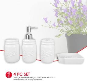 img 3 attached to Rustic Mason Jar Bathroom Accessories Set - 4 Piece, includes Lotion Pump Dispenser, Toothbrush Holder, Cup Tumbler, and Soap Dish | White