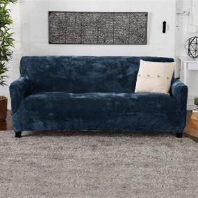 img 3 attached to 🛋️ High Stretch Velvet Plush Sofa Slipcover - Soft Anti-Slip Furniture Protector for 3-Seater Couch in Dark Denim Blue