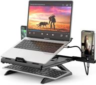 🔥 multi-angle ergonomic laptop stand for desk, dual phone holders and heat-vent, adjustable portable foldable riser - matte black - compatible with 10-17 inch laptops logo