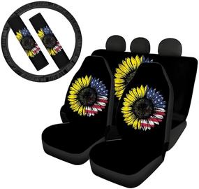 img 4 attached to 🚘 Stylish American Flag Car Seat Covers with Sunflower Girly Design - Full Set with Steering Wheel Cover, Seat Belt Cushion - Universal Fit for Women and Girls