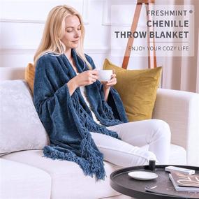 img 1 attached to 🎁 FRESHMINT Blue Chenille Throw Blanket - Soft, Fluffy, and Decorative for Home Décor, Sofa, Couch, Bed - 50x60 Inches with Tassel Fringe - Ideal Gift