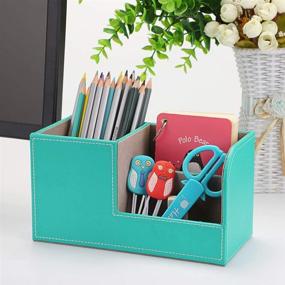 img 3 attached to 📦 BTSKY PU Leather Desk Pen Pencil Holder - Multi-functional Desktop Organizer Storage Box Business Card Pen Pencil Mobile Phone Remote Control Stationery Organizer Home Office Table Top Organization Decor Mint Blue