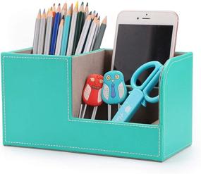 img 4 attached to 📦 BTSKY PU Leather Desk Pen Pencil Holder - Multi-functional Desktop Organizer Storage Box Business Card Pen Pencil Mobile Phone Remote Control Stationery Organizer Home Office Table Top Organization Decor Mint Blue