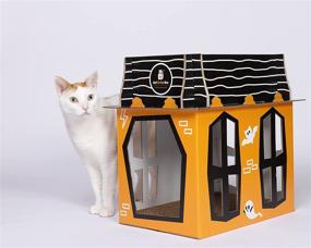 img 2 attached to 🐱 Spooky Cat Halloween Mansion Playhouse for Cats, Kittens, Rabbits & Bunny - Cardboard Box House Condo Cave Furniture Bed with Cat Scratcher