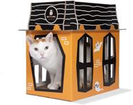 🐱 spooky cat halloween mansion playhouse for cats, kittens, rabbits & bunny - cardboard box house condo cave furniture bed with cat scratcher logo