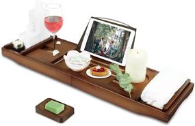 img 4 attached to 🛀 Bamboo Brown Bathtub Tray: Luxury Natural Wooden Caddy with Soap Box and Tablet Holder