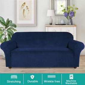 img 3 attached to Turquoize Velvet Sofa Slipcover: Stretch Couch Cover for 3 Cushion Couch - Thick & Soft Furniture Protector with Non Slip Straps - Dogs-friendly - Form Fit Slipcover (Large, Navy)