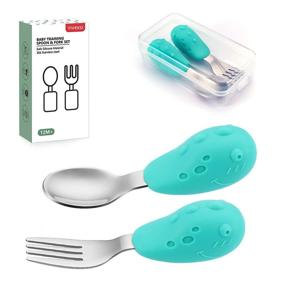 img 4 attached to 🦖 YIVEKO Baby Fork and Spoon Set with Carry Case - Baby Training Utensils for Self Feeding - Toddler Silverware with Silicone and Stainless Steel - Kids and Toddler Utensil Set in Dinosaur Design