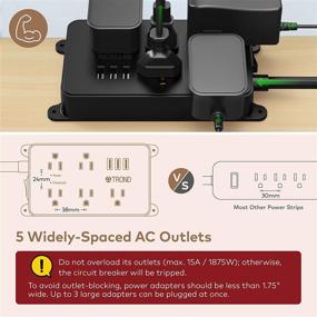 img 3 attached to 🔌 TROND Power Strip with USB Ports, Surge Protector Flat Plug, 5 Widely-Spaced Outlets, ETL Listed, 1300J, Wall Mountable 5ft Extension Cord, Ideal for Kitchen, Garage, Laundry Room, TV Areas - Black