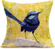 🐦 tlovudori oil painting blue robin bird throw pillow covers - vibrant yellow background with lovely animal and chrysanthemum pattern - 18"x18" cotton linen decorative cushion case cover for sofa логотип