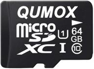 карта памяти qumox micro sd объемом 64 гб - класс 10 uhs-i - скорость записи highspeed 40 мб/с, скорость чтения до 80 мб/с. логотип