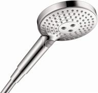 hansgrohe raindance select s low flow 5-inch handheld shower head with modern 3-spray powderrain, rain, whirl - model 26036001 logo