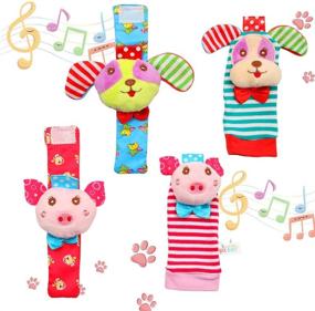 img 4 attached to FunsLane Baby Rattle and Foot Finder Socks Toy Set - Educational Development Soft Animal Toy Shower Gift with Puppy and Piggy - 4 Packs