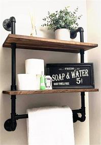 img 4 attached to 🛁 Rustic Wood Wall Mount Shelf with Towel Bar, 24" Black Matte Industrial Pipe Bathroom Shelf, 2 Tiered Metal Floating Shelves Shelving Iron Towel Holder