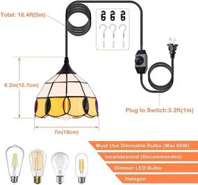 img 3 attached to HMVPL Vintage Tiffany Glass Pendant Ceiling Light - 16.4 Ft Plug in Cord, On/Off Dimmer Switch - Round Multicolored Swag Hanging Lamp for Kitchen Island, Dining Room, or Bedroom (8.2'' W)