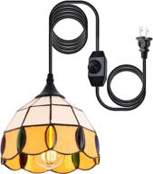 hmvpl vintage tiffany glass pendant ceiling light - 16.4 ft plug in cord, on/off dimmer switch - round multicolored swag hanging lamp for kitchen island, dining room, or bedroom (8.2'' w) logo