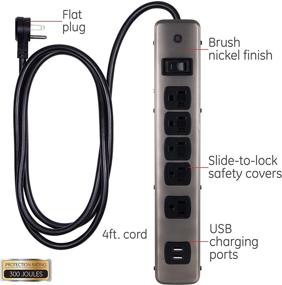 img 3 attached to 💡 GE 5-розеточная защита напряжения с полосой питания с 2 USB-портами, 4-футовым удлинителем, плоским штекером, дополнительной широкой розеткой для адаптера, розетками с механизмом закрытия, защита от скачков напряжения 300 Джоулей, отделка под щетину никеля (25428)